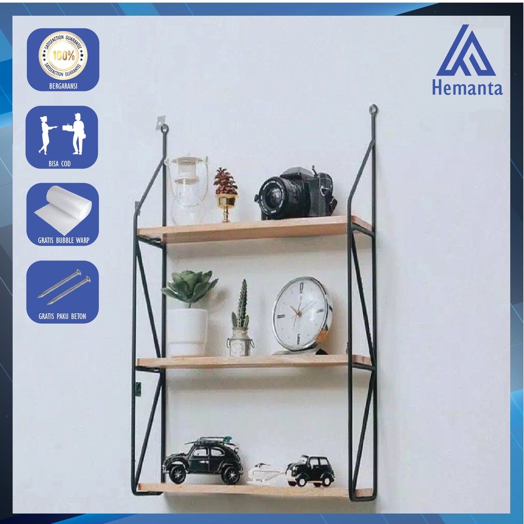 [COD] Rak Dinding Besi Dekorasi Rumah Cafe Minimalis Vintage Tempel JUMBO / Ambalan Kayu 3 Susun
