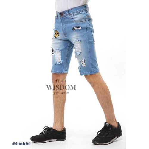 Wisdom - Short Pants Ripped  Skinny Jeans Celana Pendek Pria Sticker Motive Material Denim Softjeans Stretch ORIGINAL - Bioblit