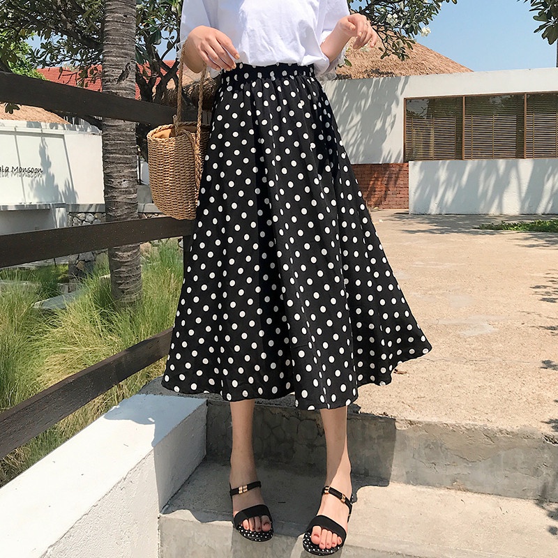 Korean Midi skirt polkadot Rok span Gaya korea Rok hitam