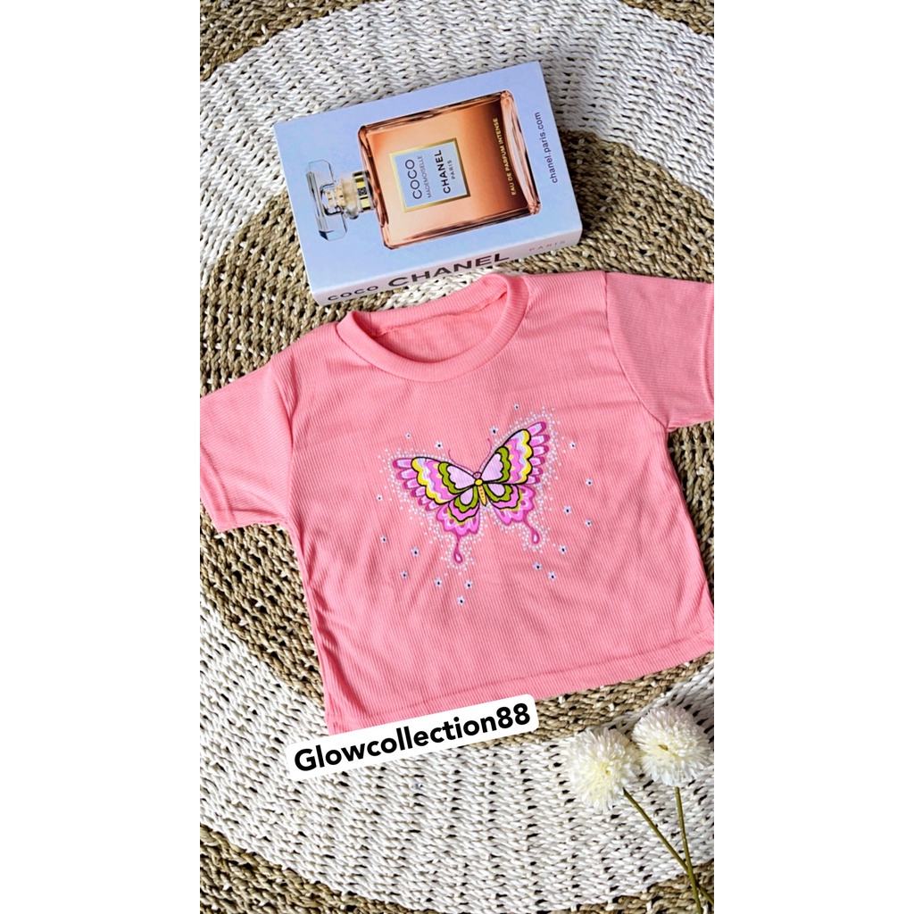 BEFAST - ZGW OOTD Kaos Cro PIYA / Crop Tee BigButterfly RIB (LD 88, P 40) / Kaos Crop Wanita Keluaran Terabru 2022 / Crop Top Kekiniaan Remaja / Kaos Santai / Tshirt Lengan Pendek Motif Kupu-Kupu