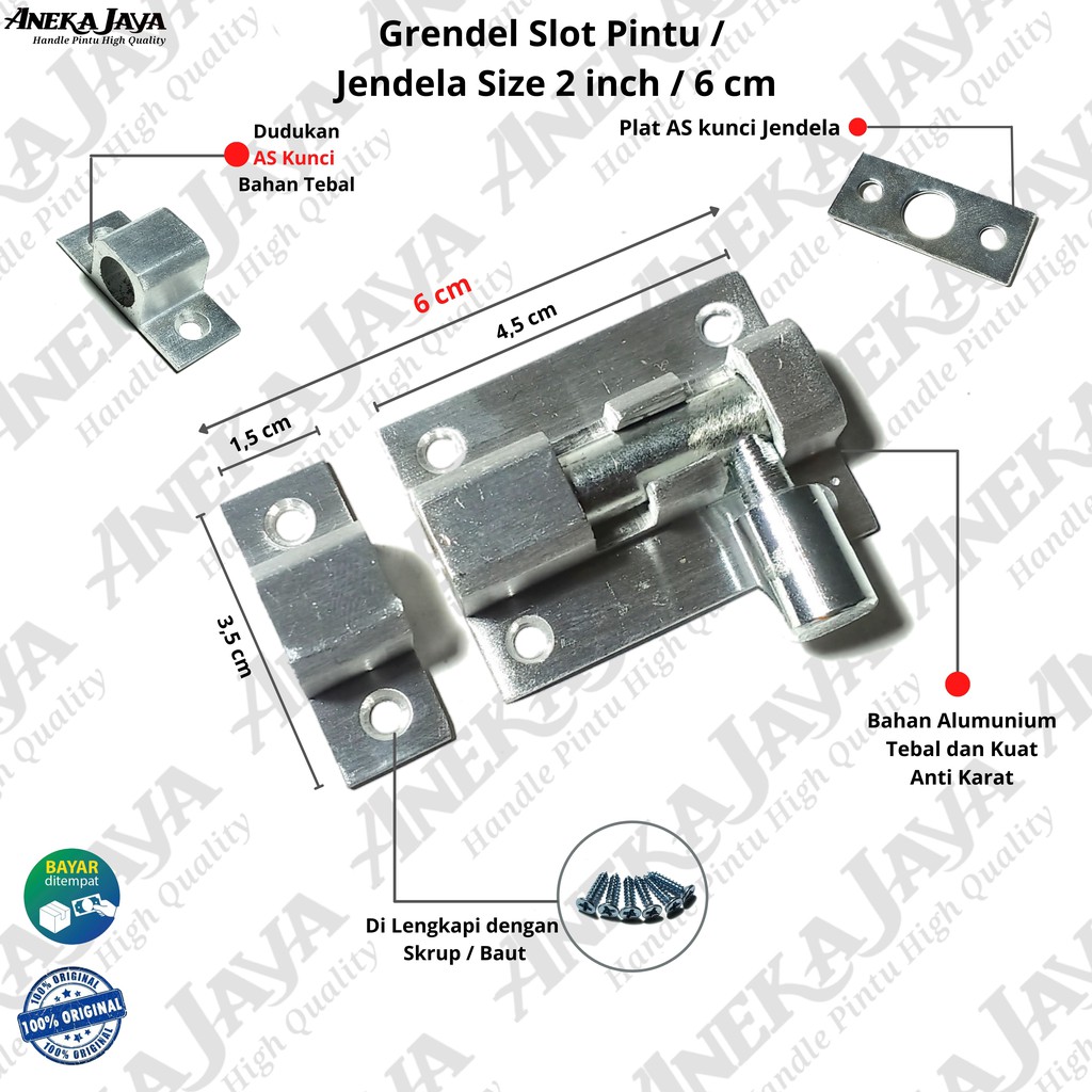 Grendel Slot jendela / kunci jendela / perlengkapan jendela ukuran 2 inch 5 cm dan 3 inch bahan allumunium