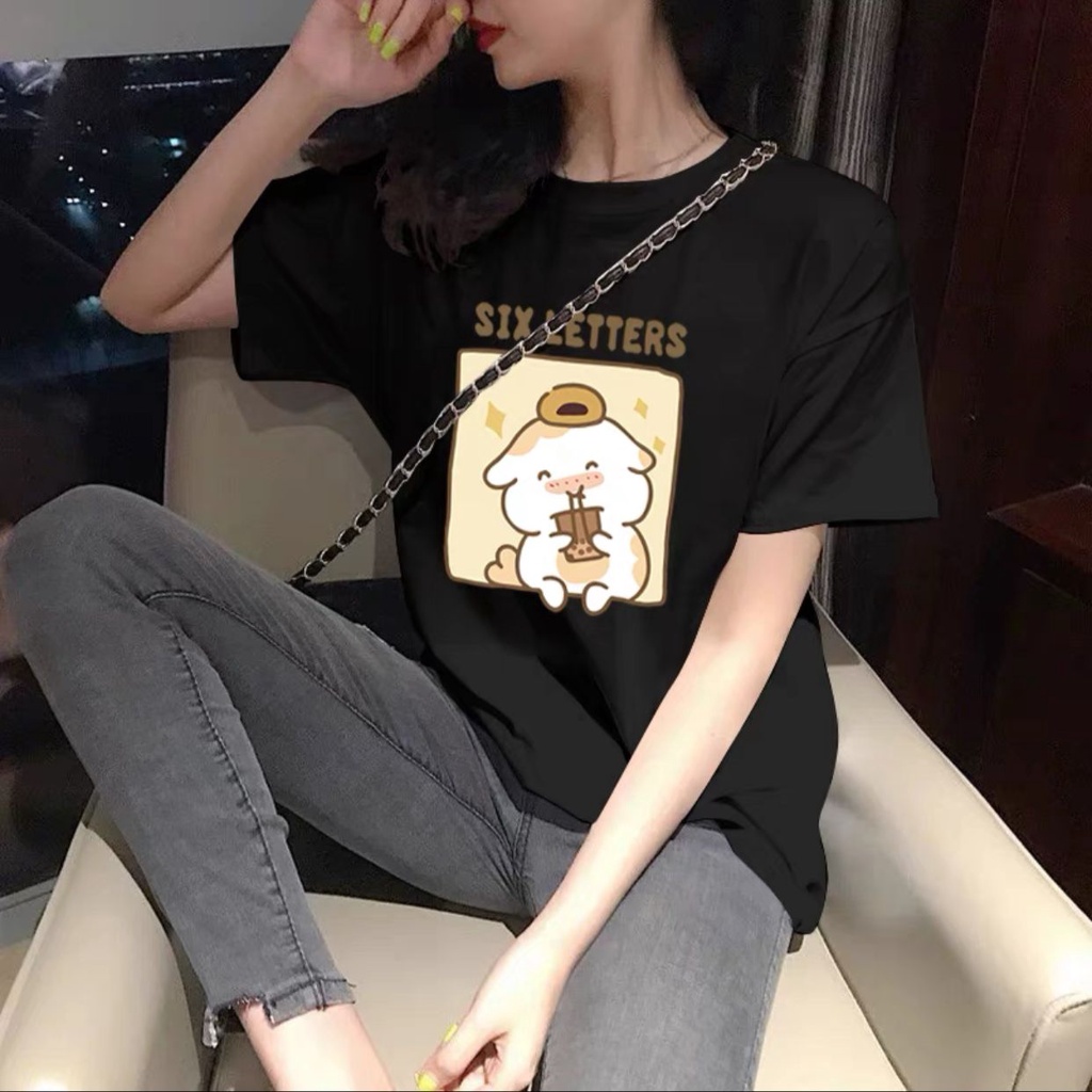 Oversize Tee Wanita Motif Cute Hamster With Boba