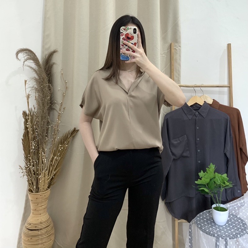 BLOUSE YOSA TOP LOOSE KEMEJA CRINKLE ATASAN PENDEK POLOS