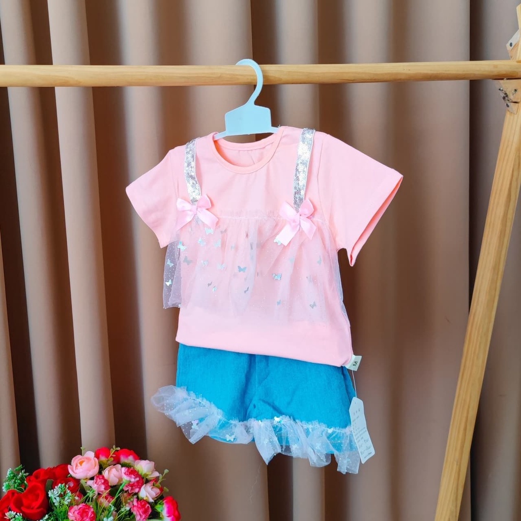 Promo !! Setelan baju anak perempuan / setelan rope furing butterfly hologram ukuran 1-4tahun / Setelan anak import trendy