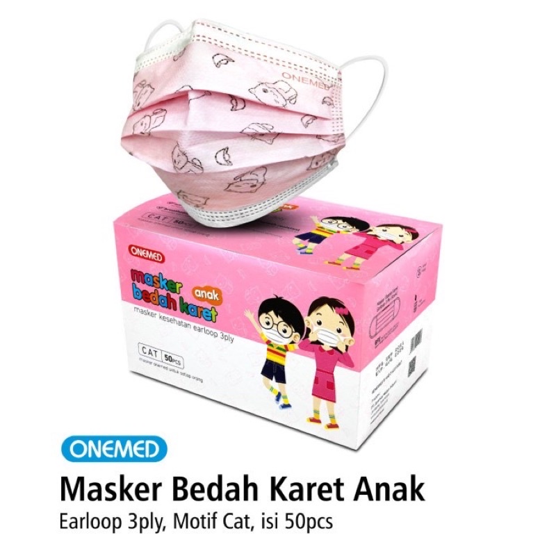 Masker Medis Karet Anak Motif Cat OneMed Box Isi 50Pcs