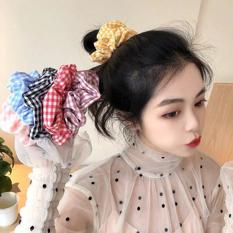 INFY - Ikat Rambut Motif Garis Kotak-Kotak Scrunchie Bunga Tali Aksesoris Karet Rambut Korea R184