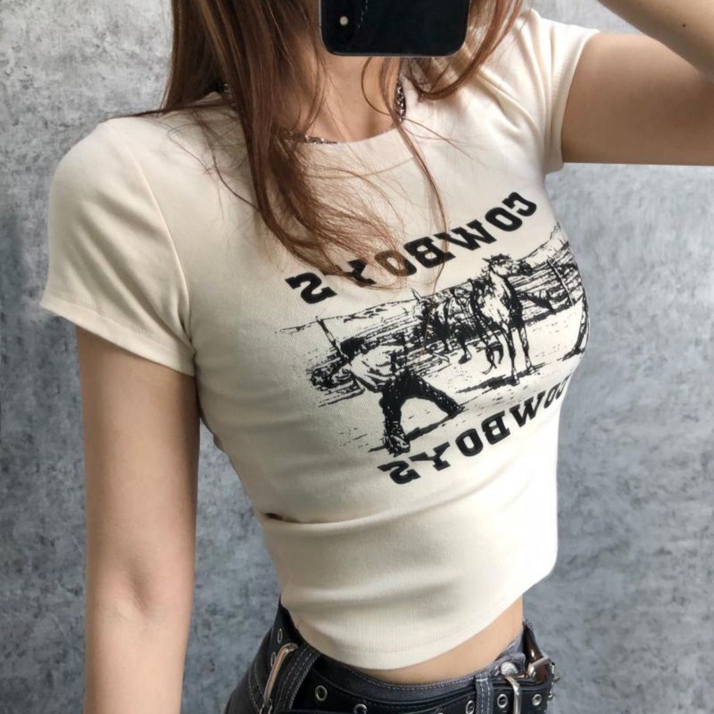 kaos wanita gaya korea 95% katun blus lengan pendek kaos pendek pinggang tinggi seksi pinggang terbu