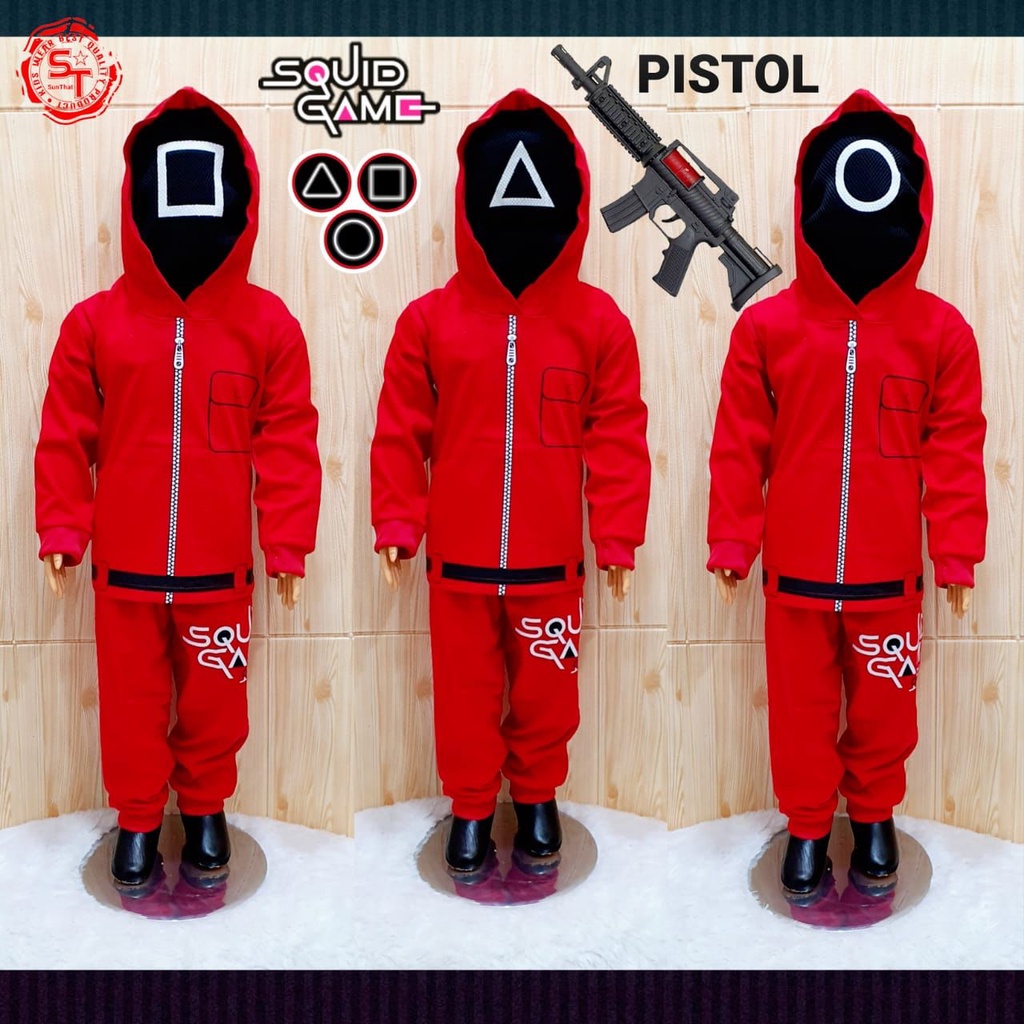 SETELAN BAJU KAOS ANAK LAKI-LAKI KOSTUM SQUID GAME PANJANG FREE PISTOL FREE TOPENG USIA BISA COD