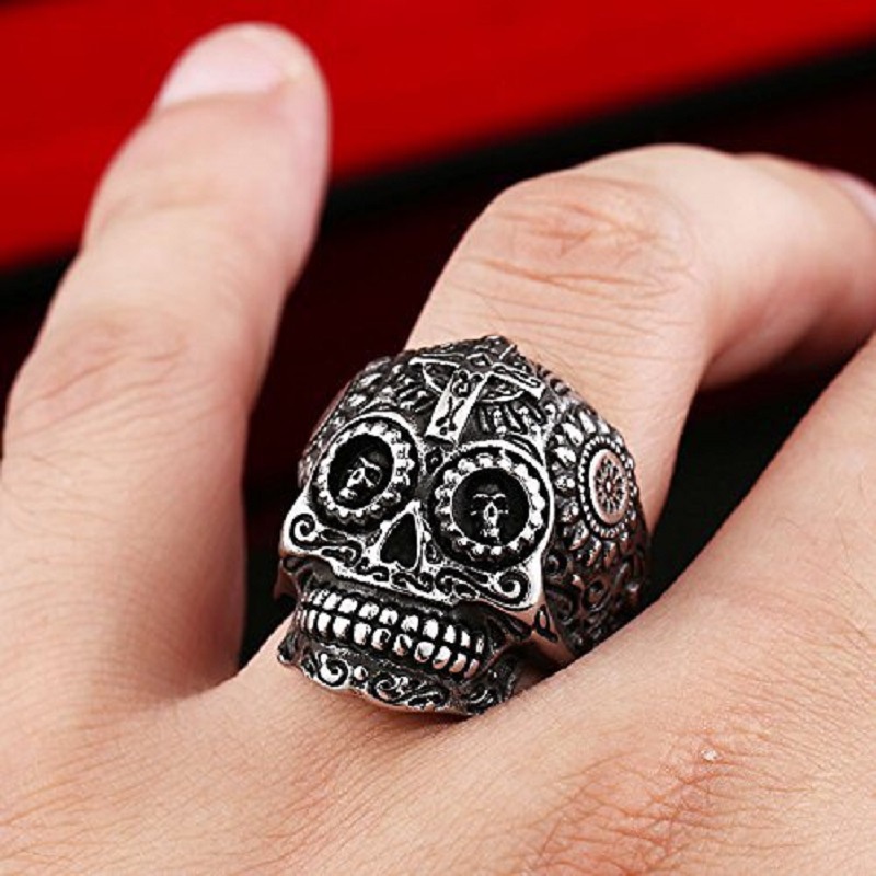 Cincin retro Gaya Eropa / Amerika Desain Tengkorak + Salib Untuk Pria