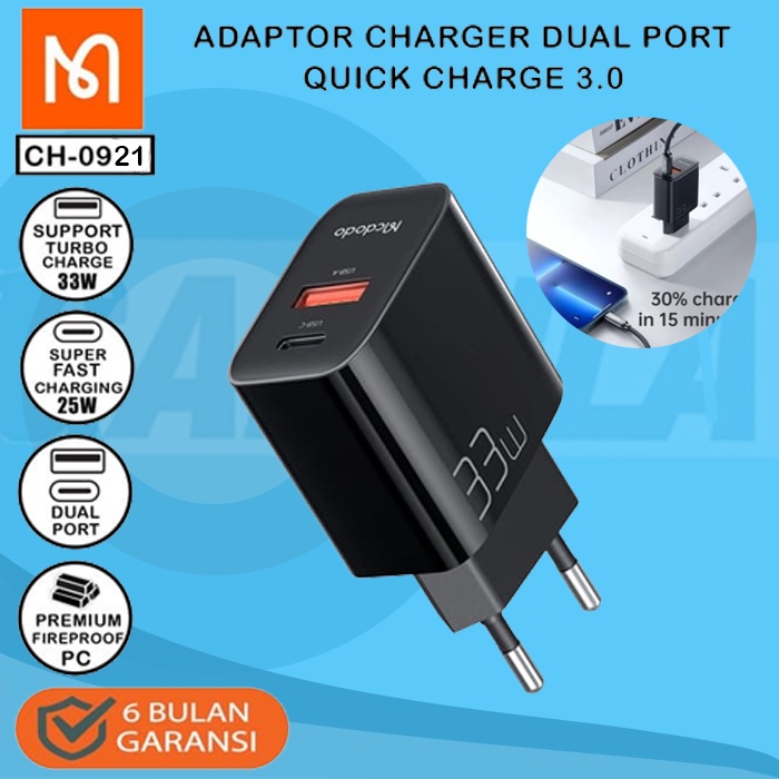 Mcdodo CH-0921 Kepala Adaptor Charger Adapter USB + Type C Samsung Oppo iPhone 13 Pro 33W