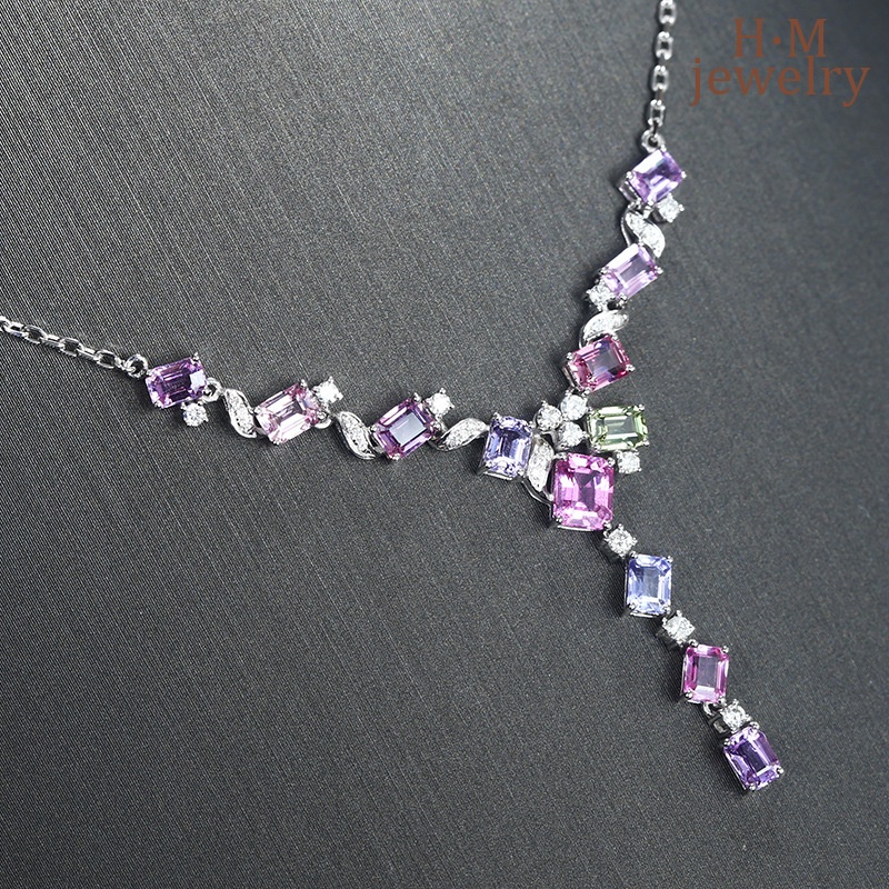 Set Kalung Rantai Dengan Liontin Batu Sapphire Warna Ungupink Untuk Wanita