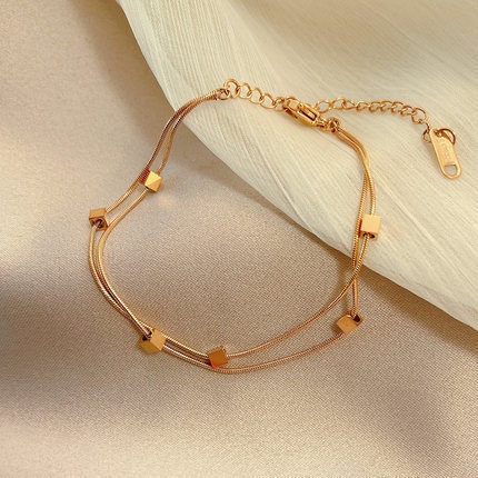 Gelang Tangan Rantai Baja titanium Lapis Ganda Warna rose gold Untuk Wanita