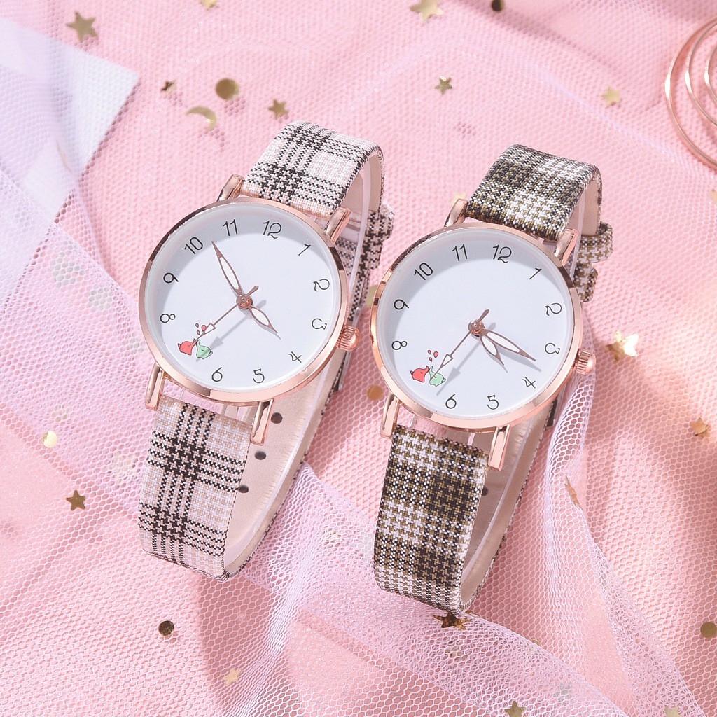 ✅ COD KUMA Jam Tangan Wanita Quartz Analog Motif Lucu Korean Fashion Dengan Tali Kotak-Kotak Import