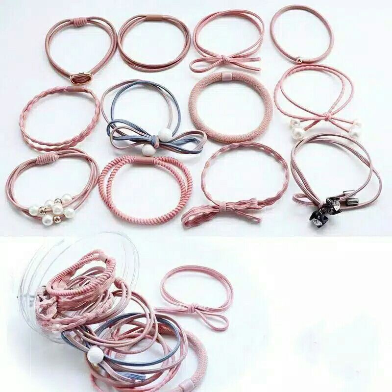 Ikat Rambut 12 In 1(  KEMASAN PLASTIK )Fashion Wanita / Accesories Rambut Import / Ikat Rambut-Pink