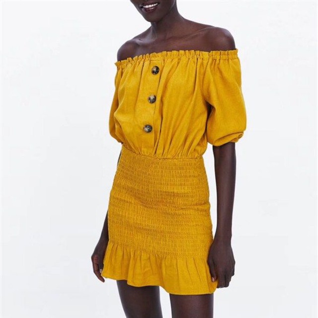 Yellow Off Shoulder Ruched Dress | baju anak baju wanita import china sabrina cullote import korea