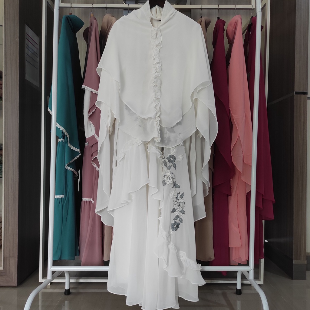 Gamis Syari Ceruty Bordir Pesta Mewah Ibu Ibu Jumbo LD 120 124 Busana Muslim Set Khimar Putih BW-2