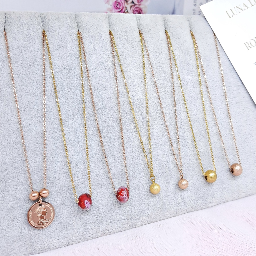 Kalung Wanita Titanium Rose Gold Clover Boba Bola Anti Karat Hitam Selamanya - BN257