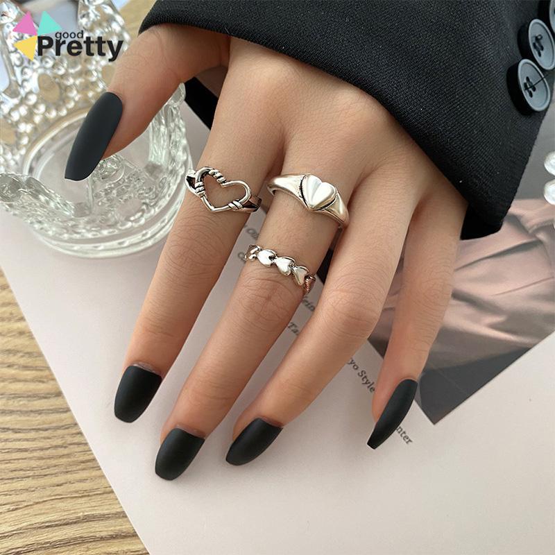3pcs Cincin set korea Model Terbuka Desain Gelombang Hati Warna Silver Gaya Vintage Untuk Wanita - PD