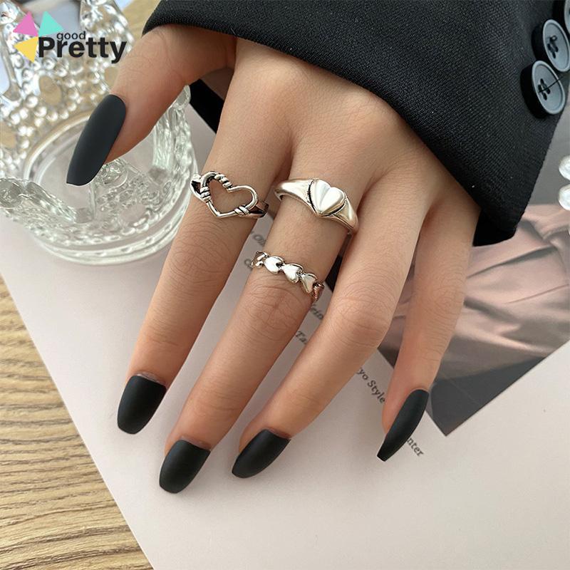 3pcs Cincin set korea Model Terbuka Desain Gelombang Hati Warna Silver Gaya Vintage Untuk Wanita - PD