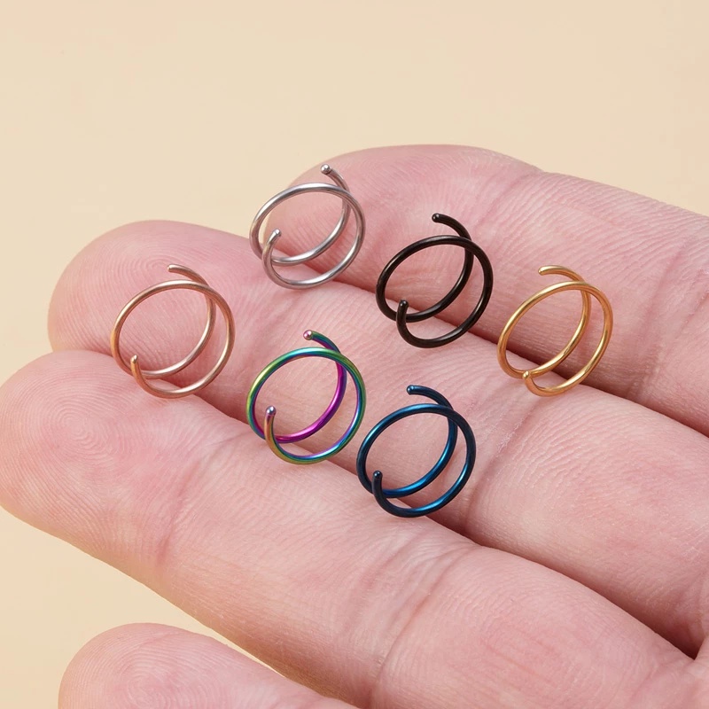 Cincin Tindik Hidung Bahan Stainless Steel Model Double Layer Gaya Hip Hop Punk Untuk Pria Dan Wanita