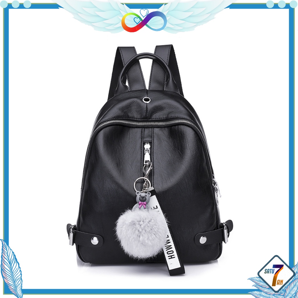 Satu7an T247 Tas Ransel Wanita Free Gantungan Pompom Style Tas Kerja Kuliah Backpack Cewek Tas Punggung Kulit PU