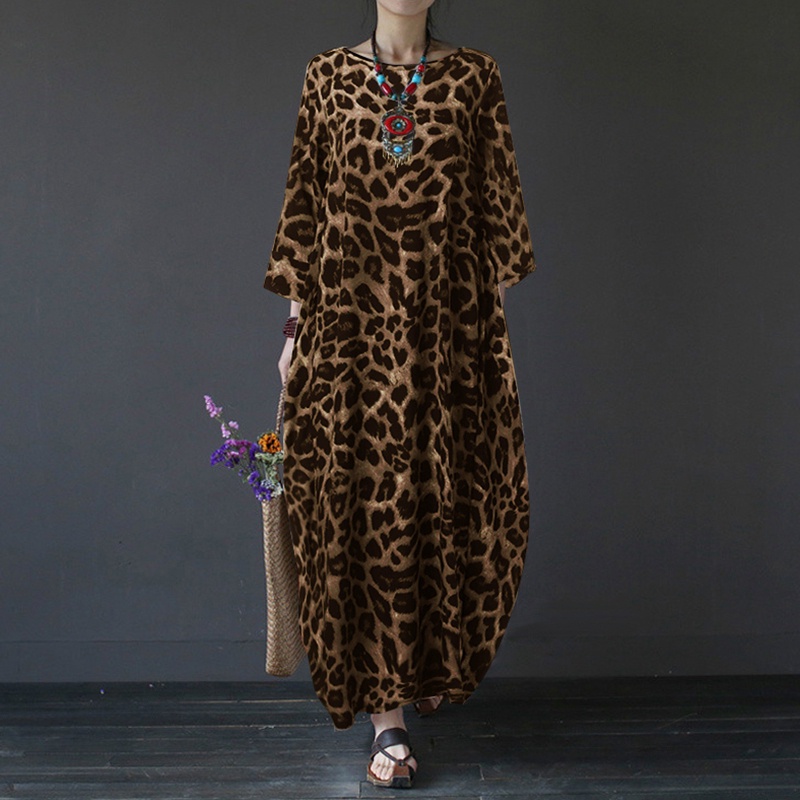 ZANZEA Women Long Sleeve Leopard Print Plus Size Long Dress