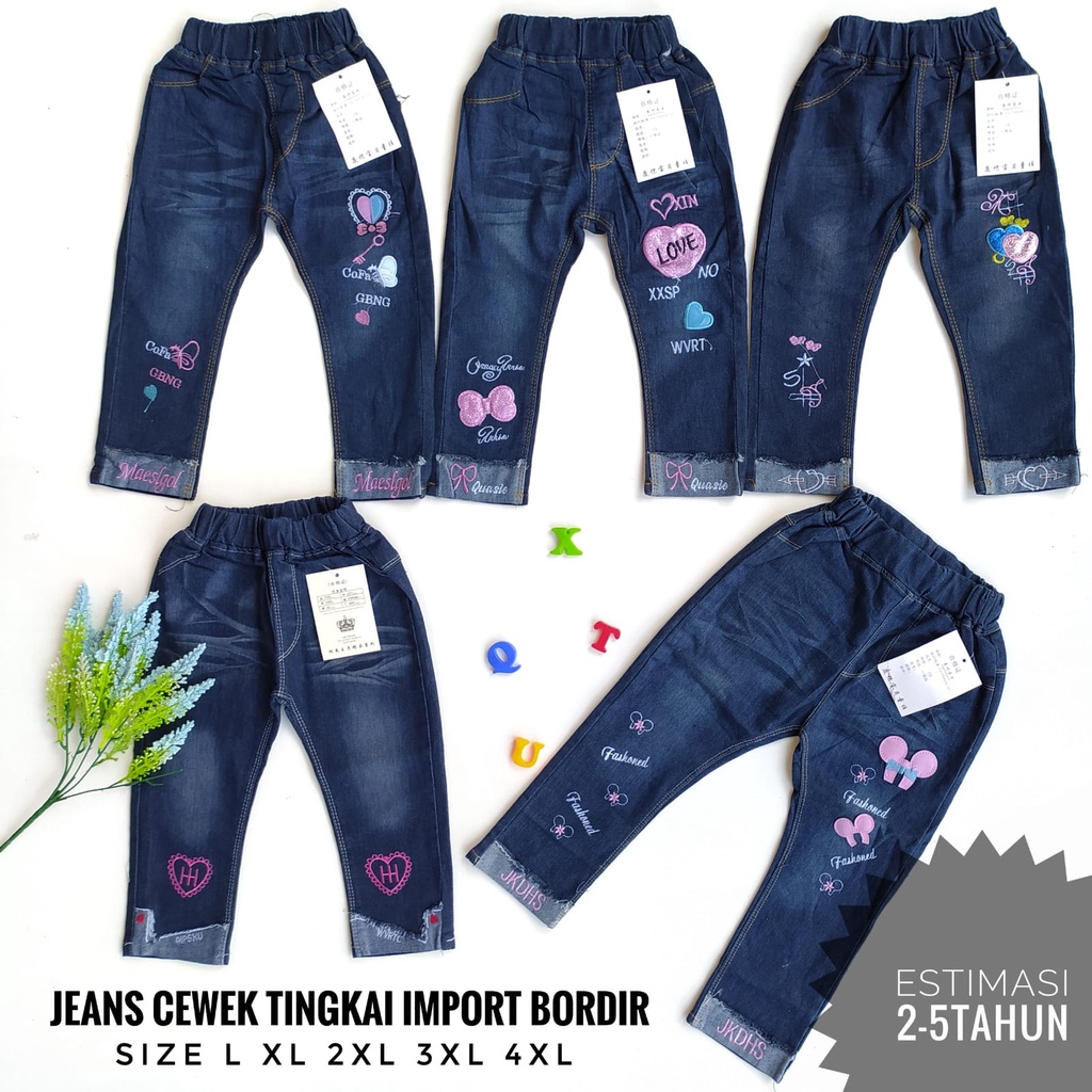 celana Jeans anak cewek tingkai import bordir celana jeans panjang anak / celana jeans tingkai
