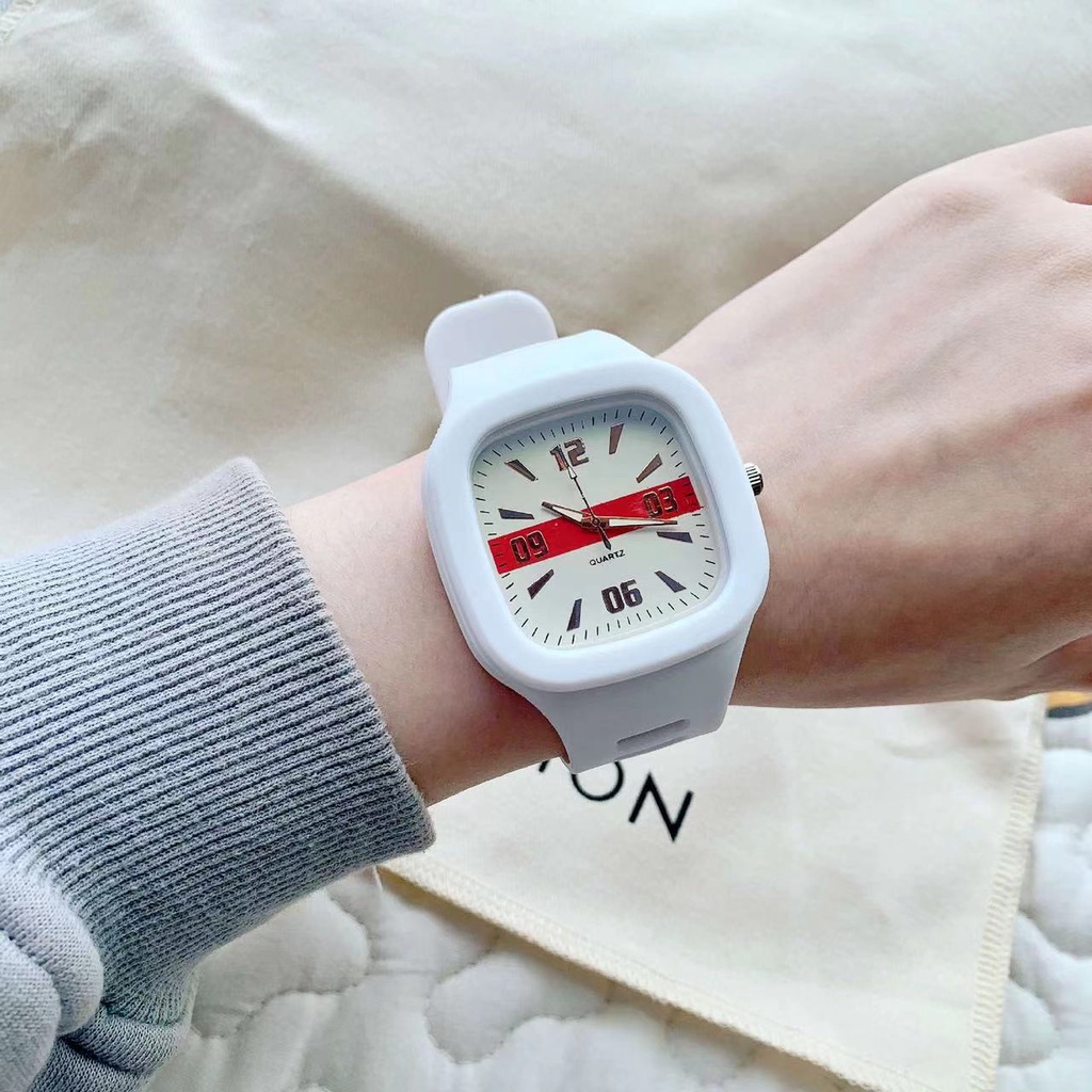 Rowling (Jam-53) Jam Tangan Rubber Quartz Kotak Besar Wanita Dan Pria Fashion Gaya Korea Unisex Import