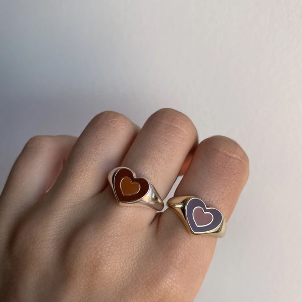 Needway  Colorful Heart Rings Simple Finger Rings Open Ring Dripping Oil Creative Korean Temperament Vintage Double Layer Love Fashion Jewelry