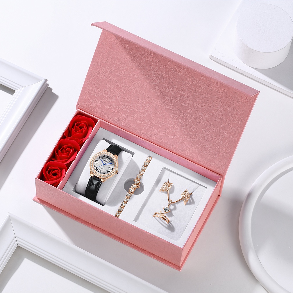 REBIRTH Jam Tangan Wanita Mode Elegan Kuarsa Anti Air Jam Tangan Hadiah Ulang Tahun untuk Pacar Istri Kekasih Kotak Hadiah Set [Jam Tangan + Kalung + Gelang + Anting-Anting + Cincin]