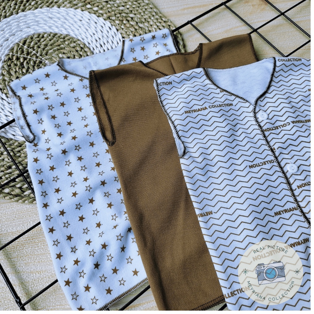 3 PCS Baju Bayi Baru Lahir Lengan Kutung Seri Coklat Meyriana Collection