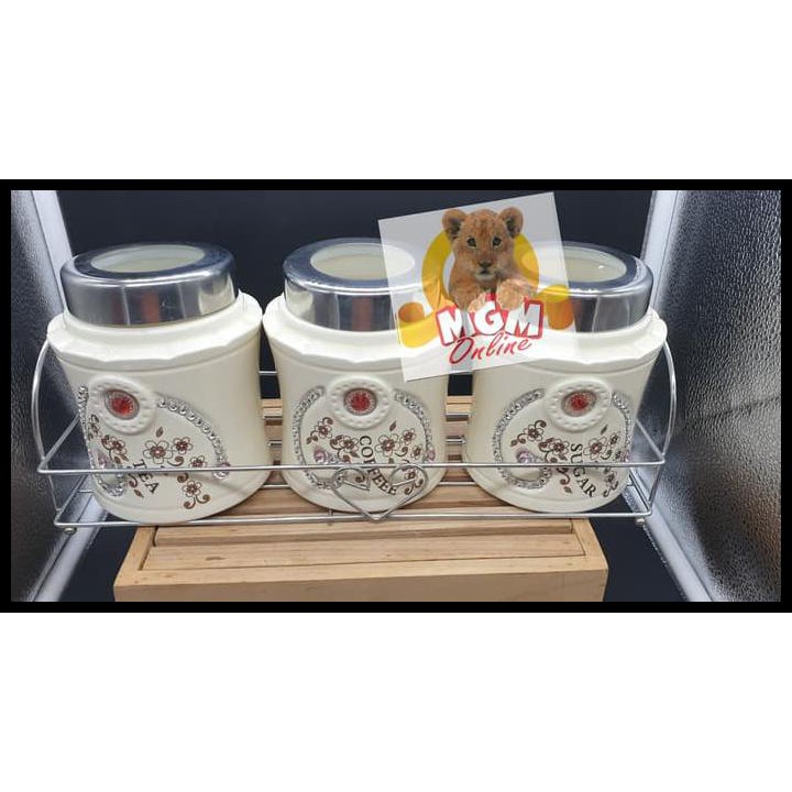 TEMPAT KOPI & GULA & TEH KERAMIK MUTIARA SET 3PCS W/ RAK STAINLESS