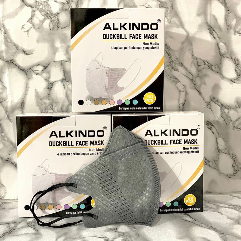 READY ISI 50 MASKER DUCKBILL 4 PLY ALKINDO PUTIH HITAM GARIS BLACK WHITE FACE MASK ALKINDO