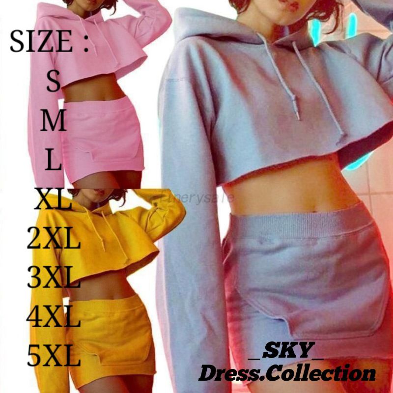 SETELAN WANITA HOODIE DRESS ( Tanpa Jahit Bawah ) & ROK MINI SAKU HOODIE TERBALIK BIGSIZE OVERSIZE A