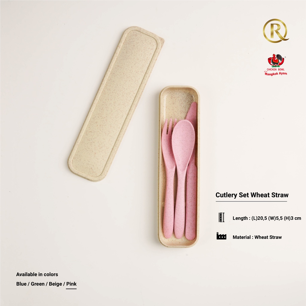 Sendok Set 3 in 1 Kotak Alat Makan Wheat Straw Pink Sendok, Garpu, Pisau