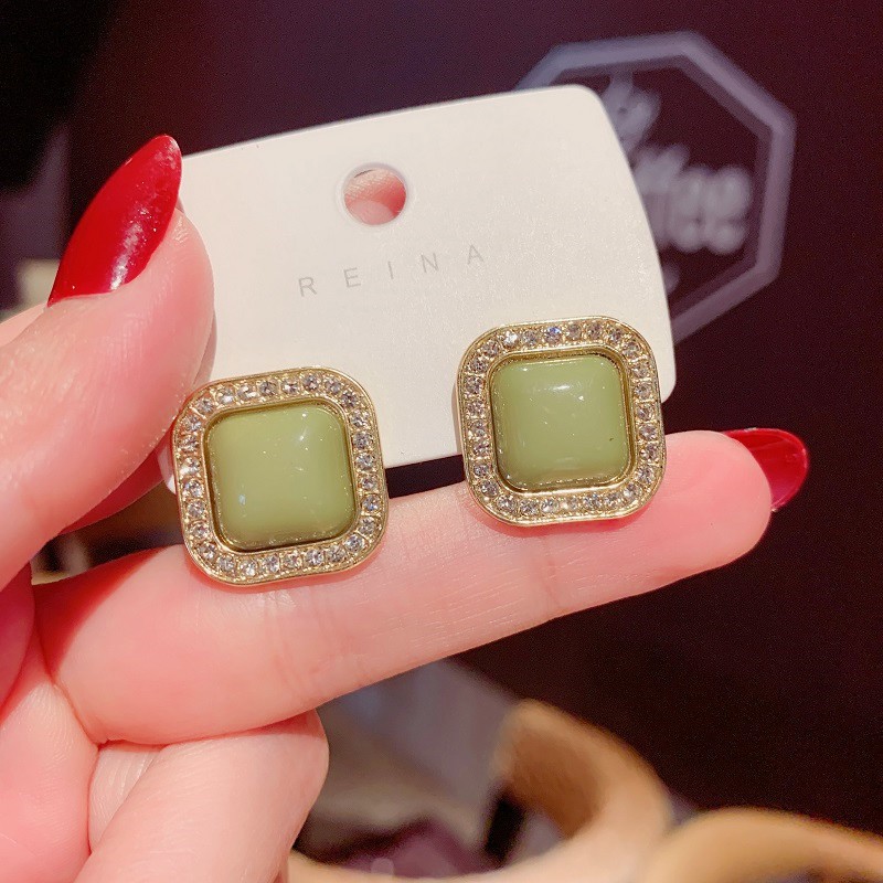 New Ins Girl Delicate Crystal Green Square Earrings-5