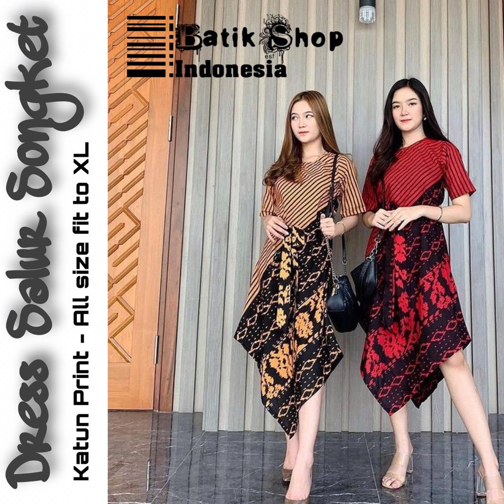 Dress Salur Songket Batik Wanita Kekinian Warna Lancip Casual Lengan Pendek