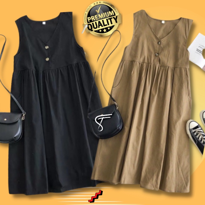 Inner Iner Outer Midi Dress Panjang Baju Busui Tanpa Lengan Pakaian Wanita Korean Style Mocca Hitam 