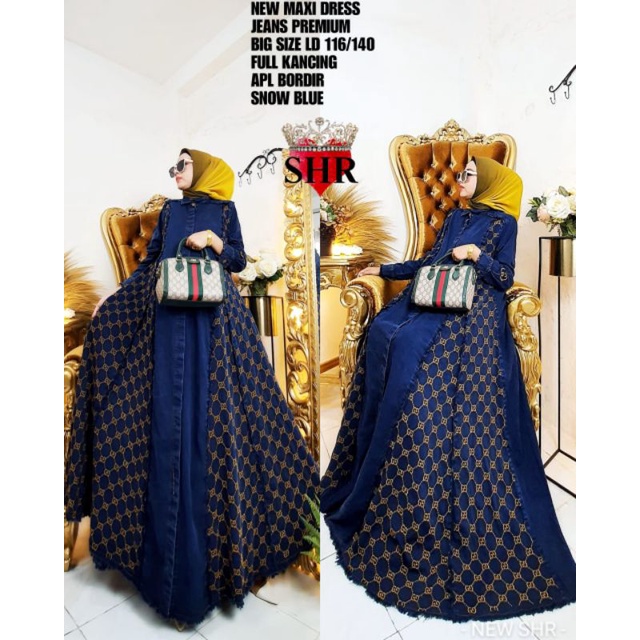 NEW SHR MAXI DRESS GUCCI JEANS WASHED FULL KANCING LD116CM  IMPORT BY SYAHIRA ORIGINAL