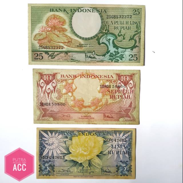 (ORIGINAL) Uang kuno kertas seri bunga uang mahar 5 rupiah 10 rupiah 25 rupiah