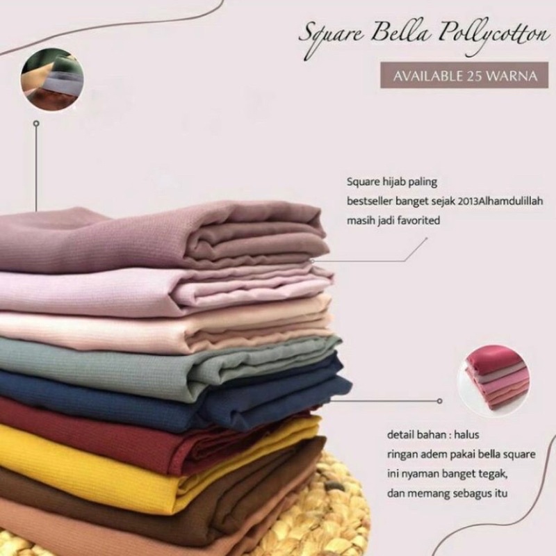 Premium Jilbab Segiempat Bella Square JAHIT TEPI Polycotton premium