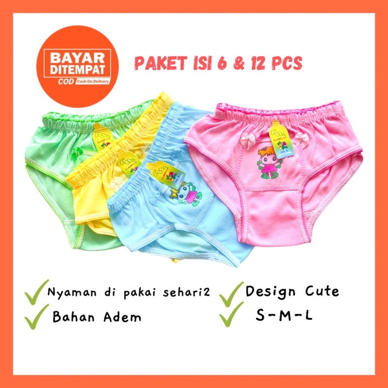 1 Lusin Celana Dalam Anak Perempuan Cewek Lusinan Katun / CD Boxer Anak Celana Dalam Bayi Perempuan