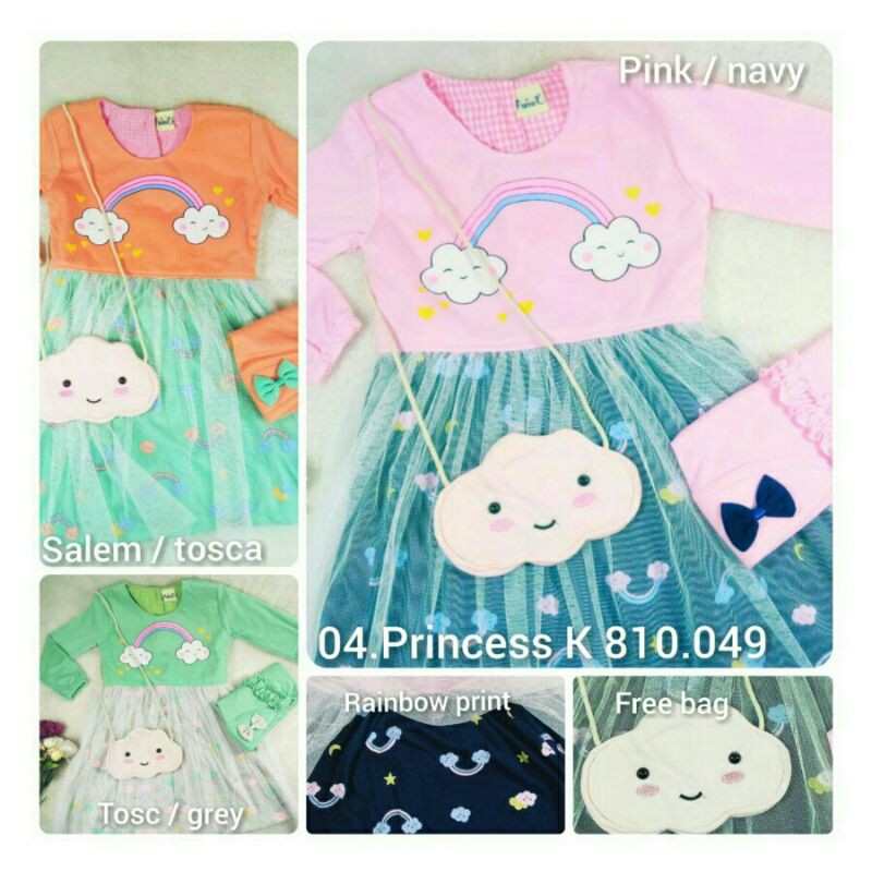 Gamis Rainbow set tas 1-2T/ Fashion muslim anak bayi perempuan baju gamis kerudung bayi cewek muslim