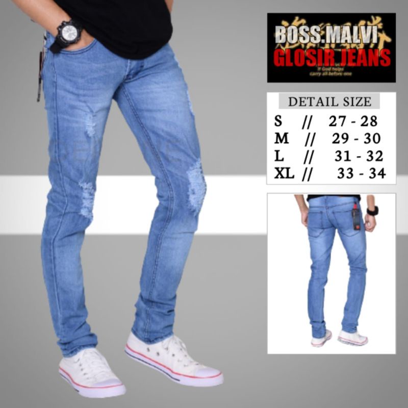 Celana Jeans Pria Sobek Panjang Cakar Ripper Lutut Bolong Denim Distro Levis Cowo Cowok Big Size M L