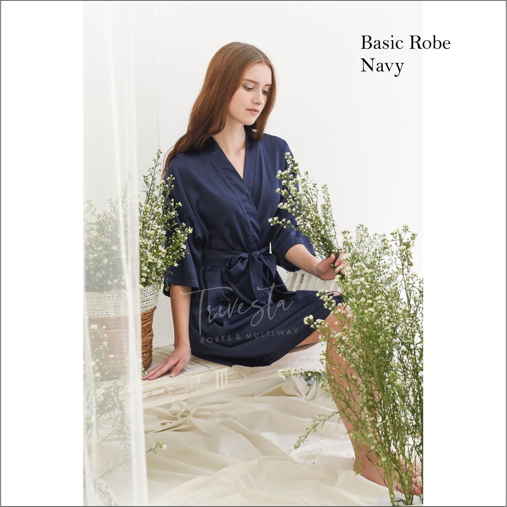 Trivesta Robes - Basic Robe Navy - Kimono Robe Bridesmaid Satin + Free Bordir (Tulisan Bebas Bisa Nama)