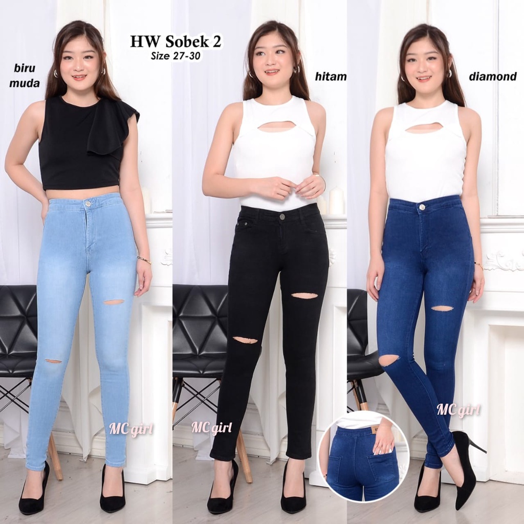 ( Size 27 - 34 ) MC girl - High Waist Sobek Garis Dua / Highwaist Lepis Ripped Tembus / Highwais Denim Koyak 2 / Haiwes Riped Tidak Ada Lapisan Wanita / Celana Jeans Pensil Pinggang Tinggi Cewek / Celana Panjang Skinny / HW 7C-G