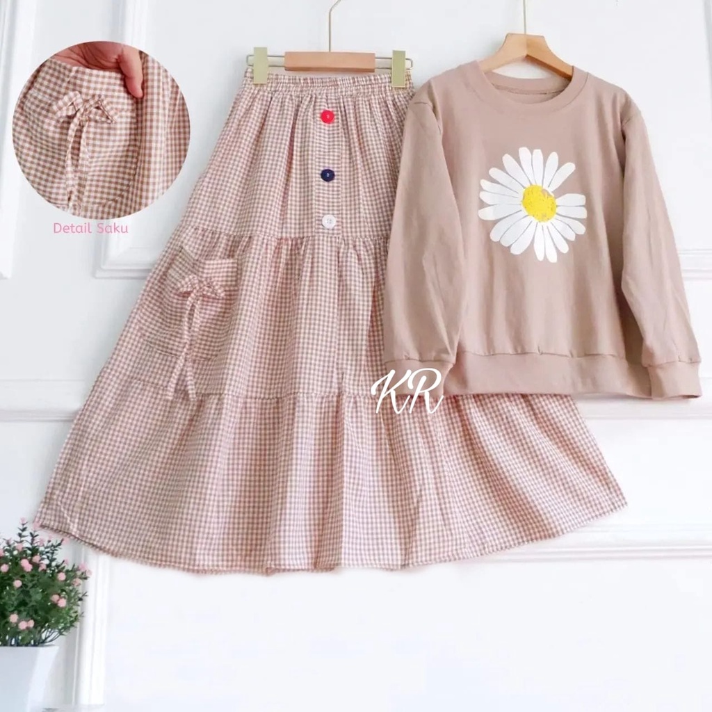 4 UKURAN S M L XL SET SENJA KID SETELAN ROK KOTAK PAKAIAN ANAK PEREMPUAN BABYTERRY KR ADA VIDEO REAL PICT