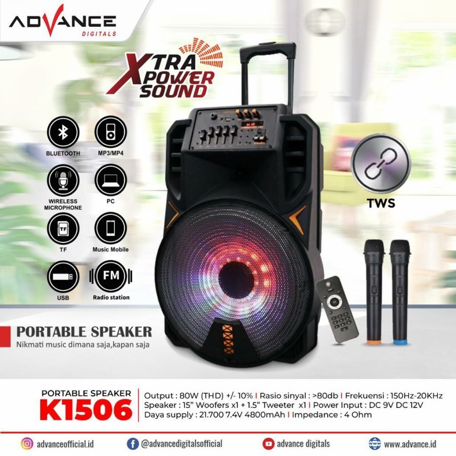 COD SPEAKER BLUETOOTH WIRELESS ADVANCE 15 INCH K1506 BONUS 2 MIC WIRELESS + REMOTE X-BASS / SPEAKER SALON AKTIF 15 INCH / SPEAKER WIRELESS ADVANCE 15 INCH K-1506 SUPER BASS / SPEAKER KARAOKE