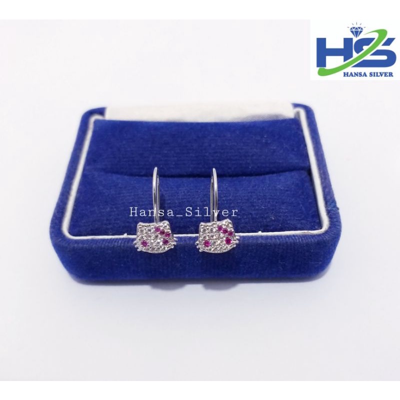 Anting Perak Asli Silver 925 Lapis Emas Putih Model Desi Hello Kitty - Anting Wanita Anti Karat