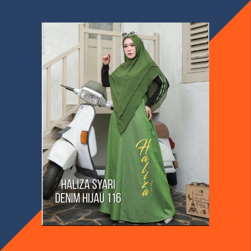Haliza Syari free masker / Halizah denim hijau/ Dress Denim/Gamis Sporty